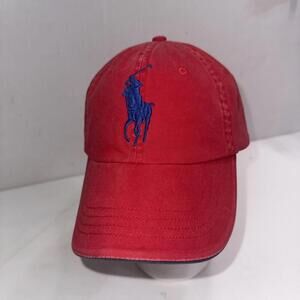 Vtg 90’s Polo Ralph Lauren Red Cotton Blue Big Pony Strapback Hat Ball Cap